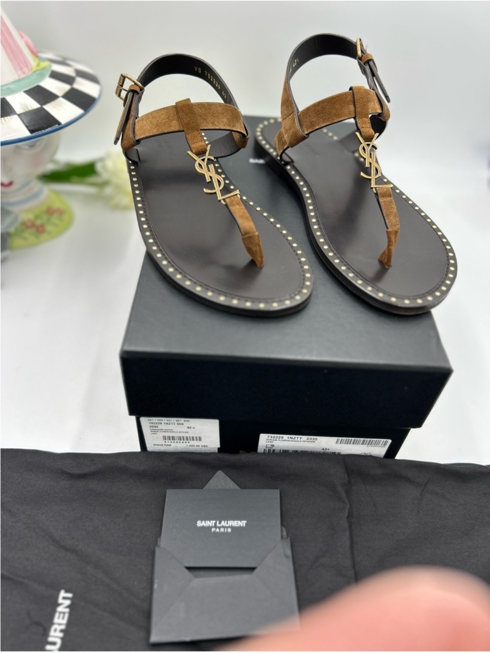 Saint Laurent Brown Suede T-Strap Logo Sandals CASSANDRE. Size 43 - Picture 2 of 7
